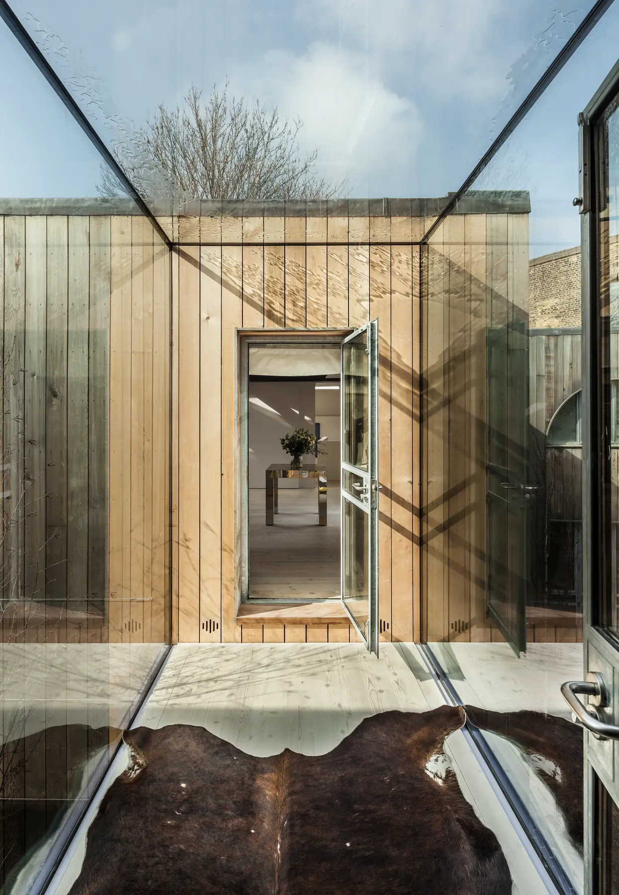 Glass box extension with clear structural glass side wall and timber cladding